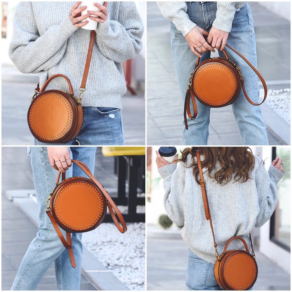 Small Round Luxury Leather Crossbody Bag - Picture 3 of 8